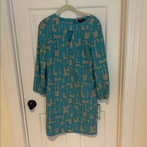 Jones New York Teal and Beige Geometric Dress
